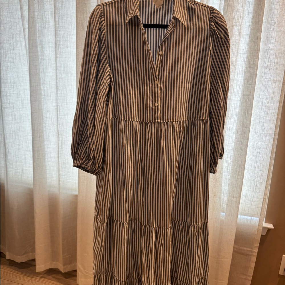 Max Studio Long Sleeve Striped Dress - Brown and White